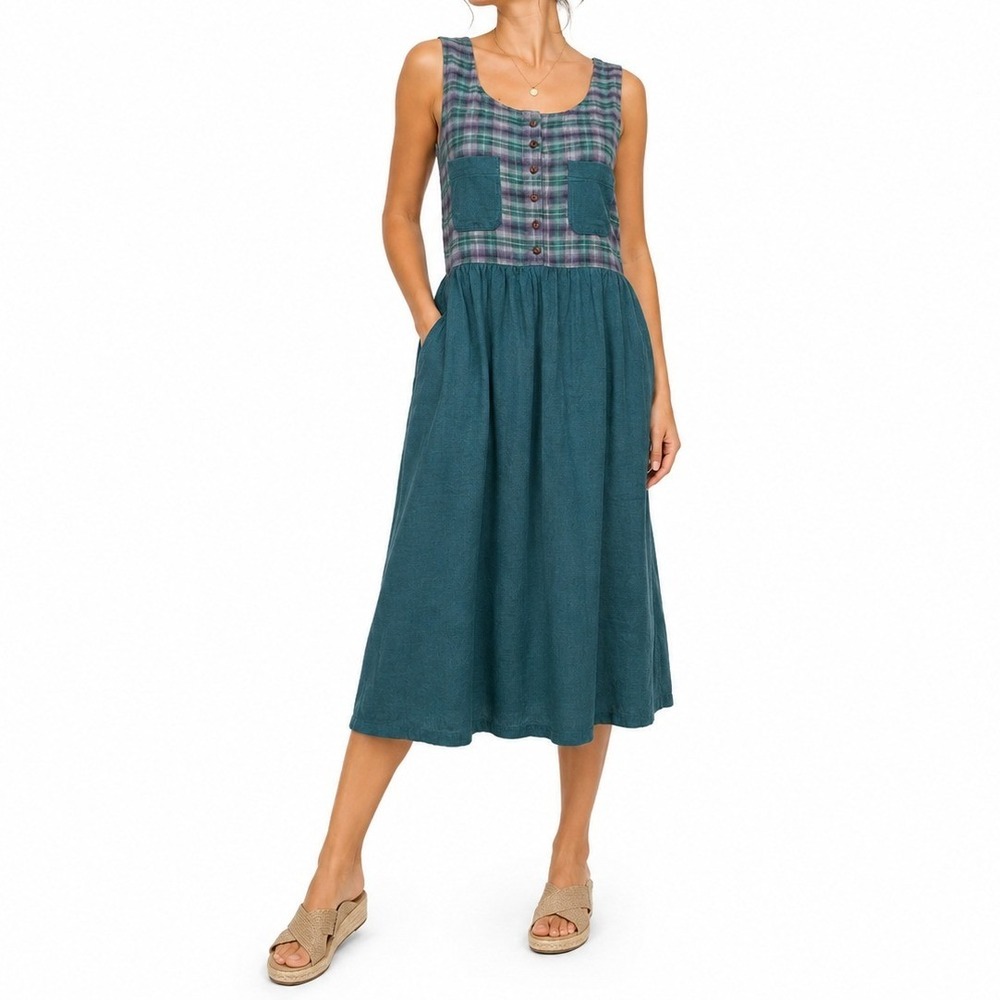 Erika Classics Midi Dress Womens L Teal Plaid Corduroy Mixed Media Vintage NEW